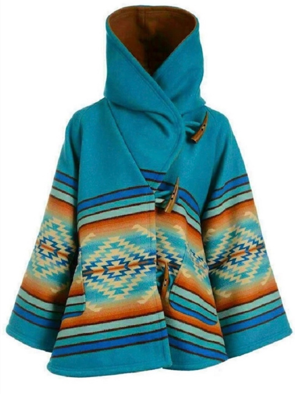 Turquoise Aztec Pattern Wool Jacket with Brown Shawl Collar